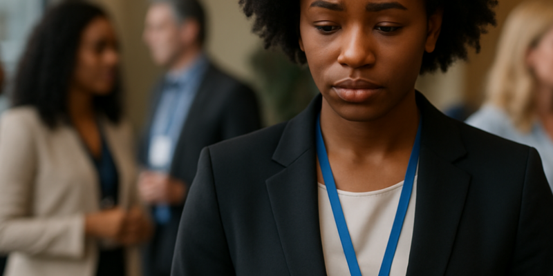 Black woman appearing nervous in a corporate networking setting, wondering how to overcome social anxiety