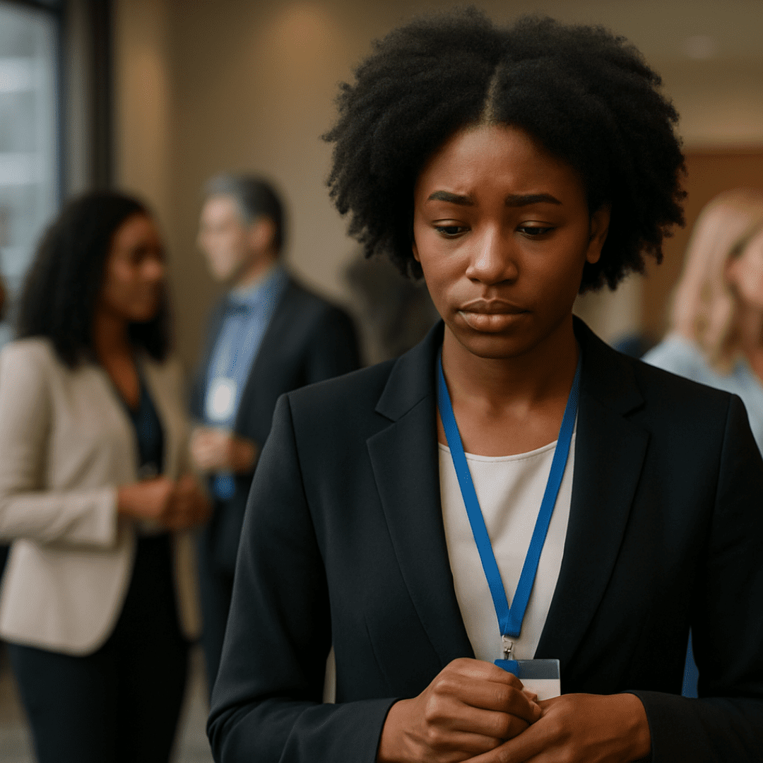 Black woman appearing nervous in a corporate networking setting, wondering how to overcome social anxiety
