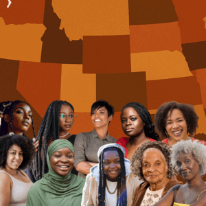 Images of back women of varying skin tones, religions, and body types in front of a map of the united states