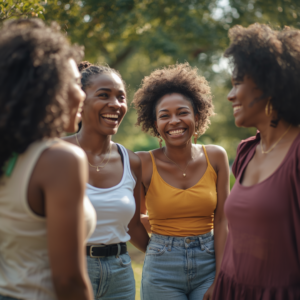Four Black women friends laughing together | Friendship and mental health