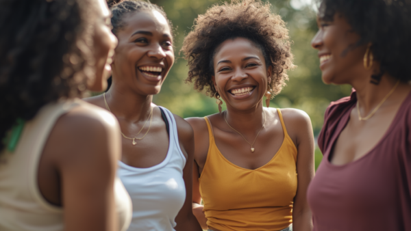Four Black women friends laughing together | Friendship and mental health