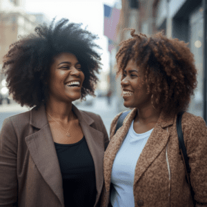 Two Black women friends laughing in the city | friendship boundaries