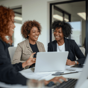 Black women friends laughing at work | How to make friends as an adult