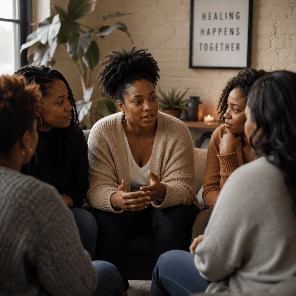 Black women sitting around table talking | Different types of mental health support