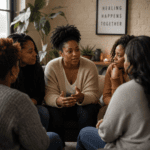 Black women sitting around table talking | Different types of mental health support