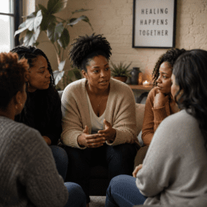 Black women sitting around table talking | Different types of mental health support