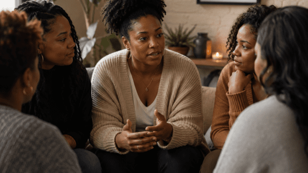 Black women sitting around table talking | Different types of mental health support