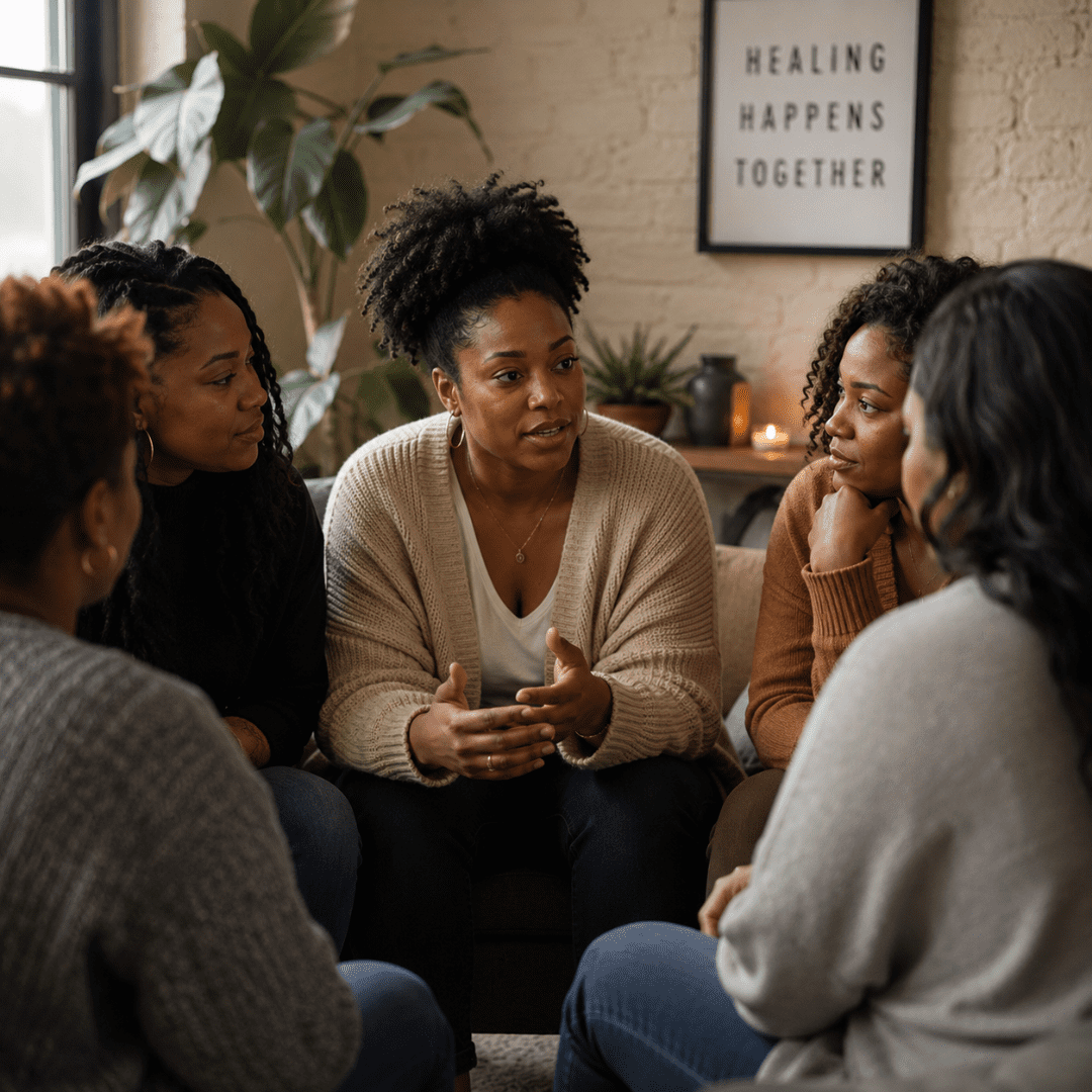 Black women sitting around table talking | Different types of mental health support