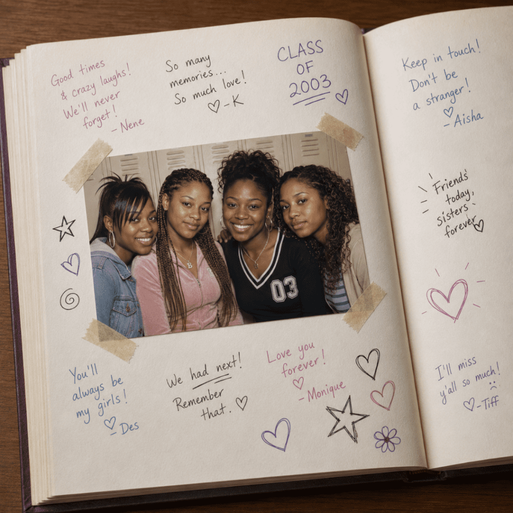 Four Black women high school friends posing for a picture in front of a locker | What it means to outgrow a friendship