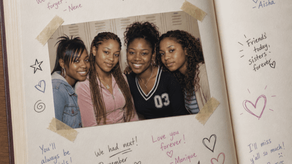 Four Black women high school friends posing for a picture in front of a locker | What it means to outgrow a friendship