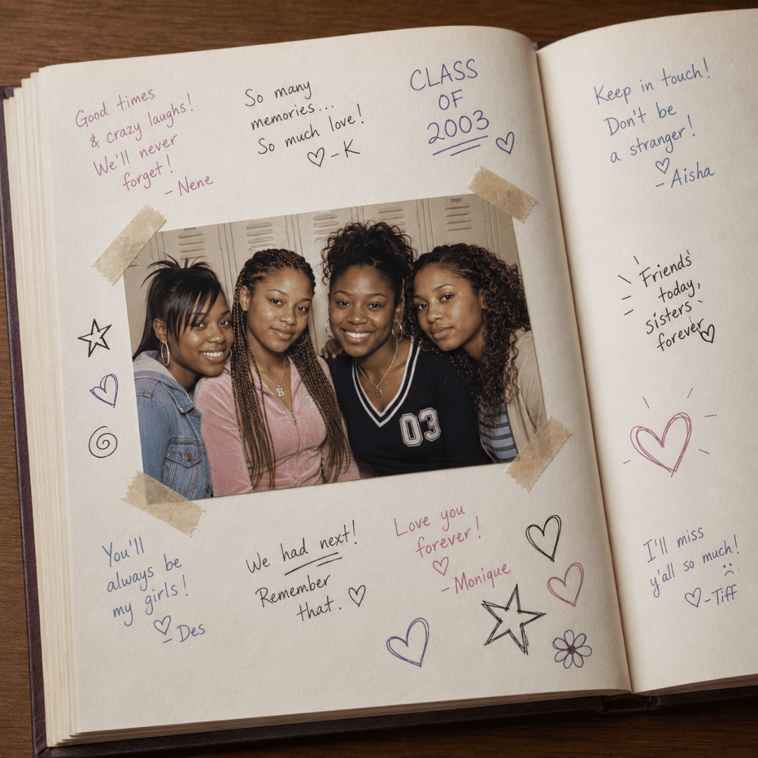 Four Black women high school friends posing for a picture in front of a locker | What it means to outgrow a friendship