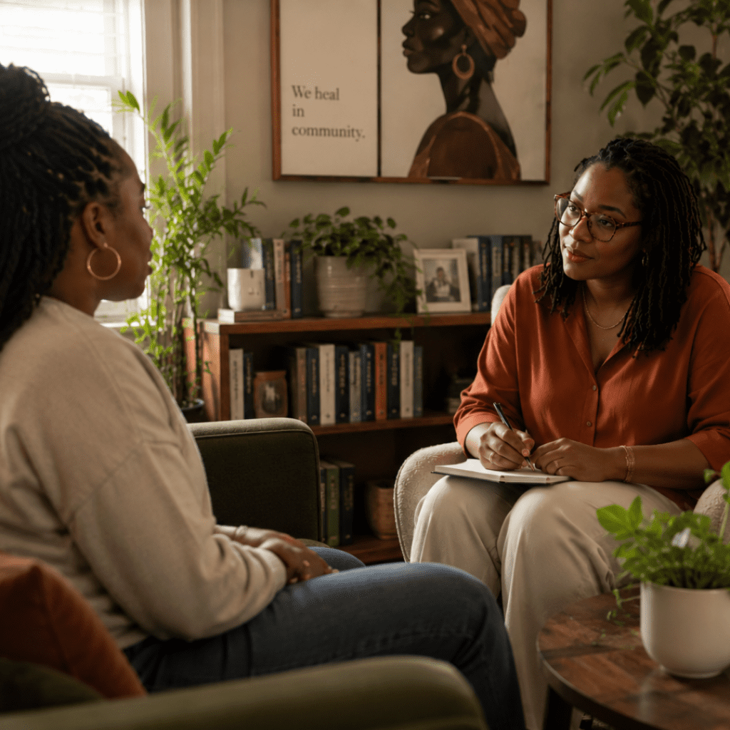 Black woman in therapy with a Black woman therapist | Culturally-affirming care