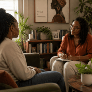 Black woman in therapy with a Black woman therapist | Culturally-affirming care