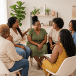 Black women sitting around the table in a support group | Community support groups for mental health
