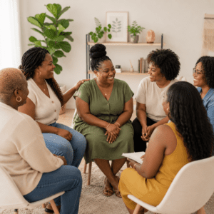 Black women sitting around the table in a support group | Community support groups for mental health