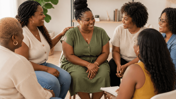Black women sitting around the table in a support group | Community support groups for mental health