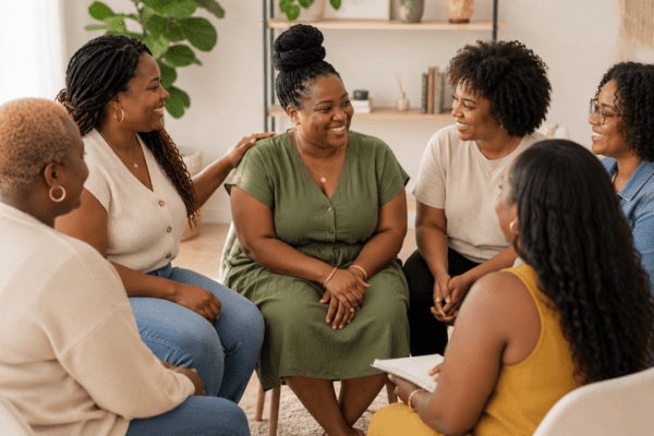 Black women sitting around the table in a support group | Community support groups for mental health