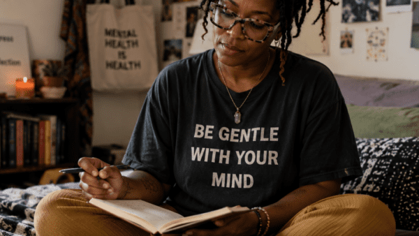 Black woman sitting on bed writing in journal
