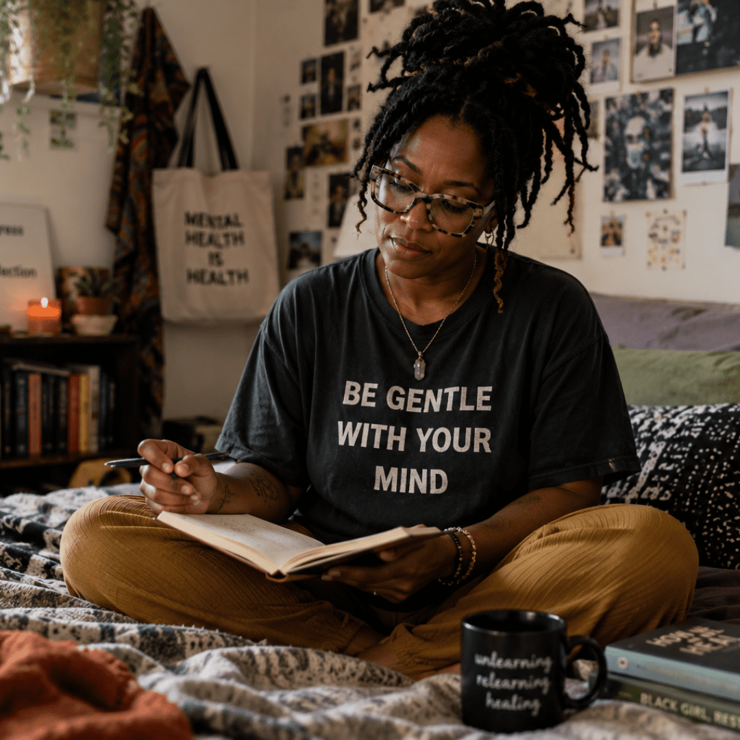 Black woman sitting on bed writing in journal