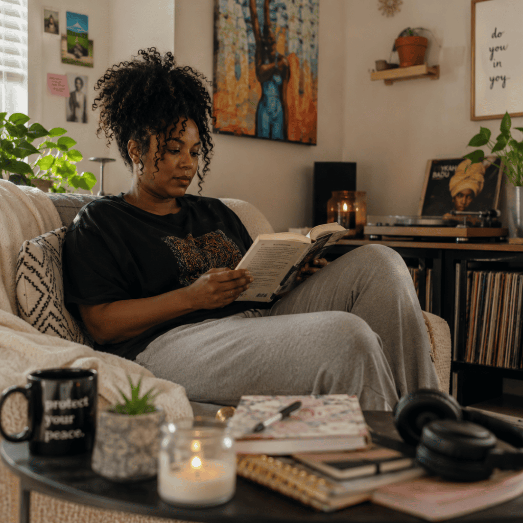 Black woman sitting on sofa reading a book | Autism in black women