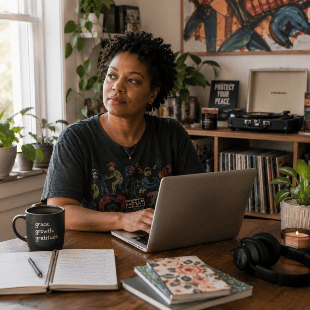 Black woman sitting at computer thinking | late diagnosis neurodivergence