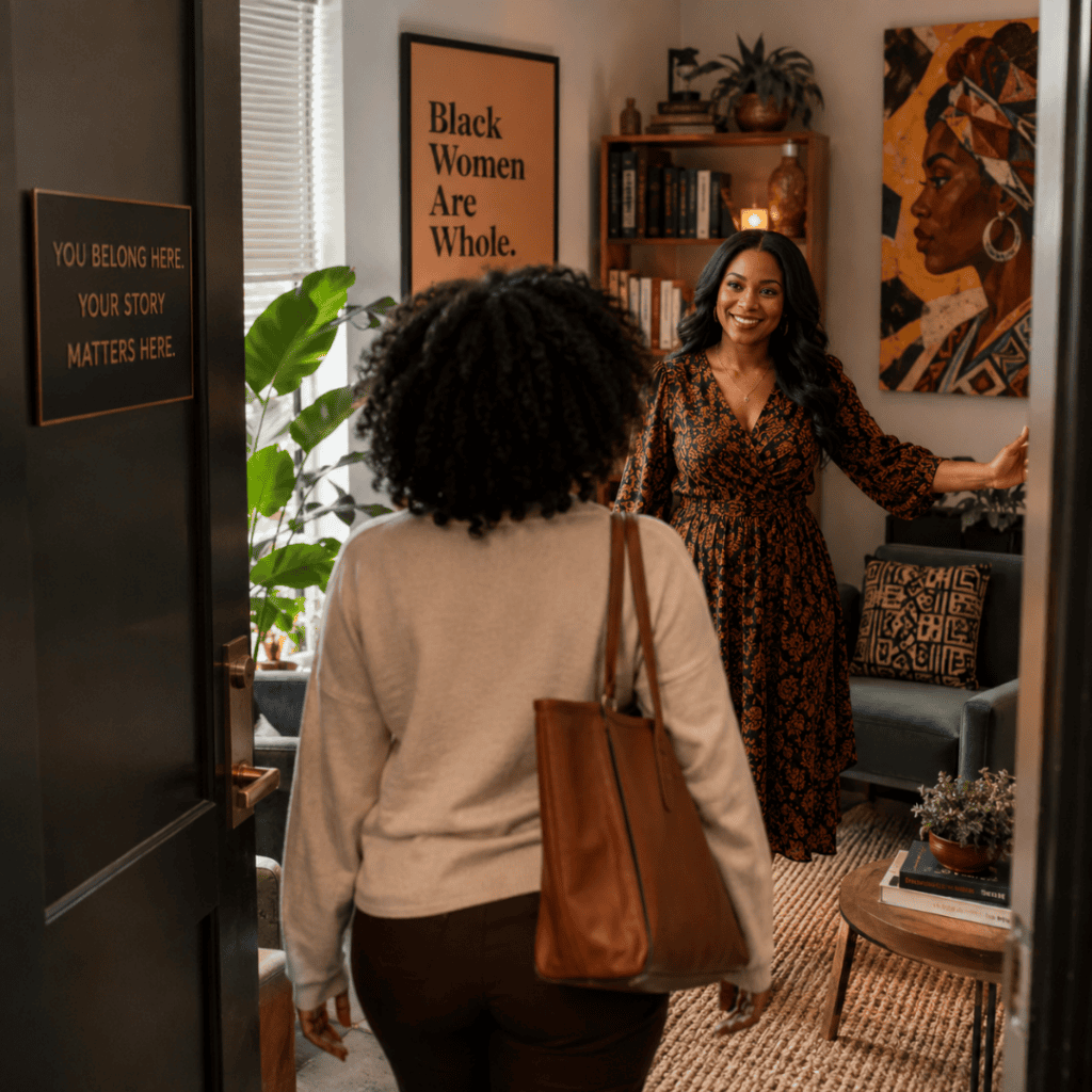 Black woman entering a Black woman therapist's office | Neuro-affirming therapists for Black women