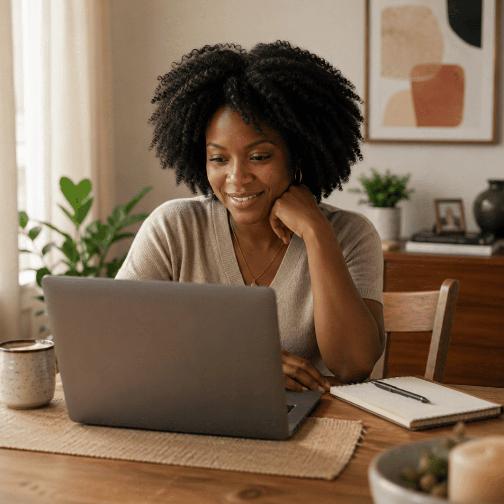 Black woman at computer smiling | Loveland Therapy Fund