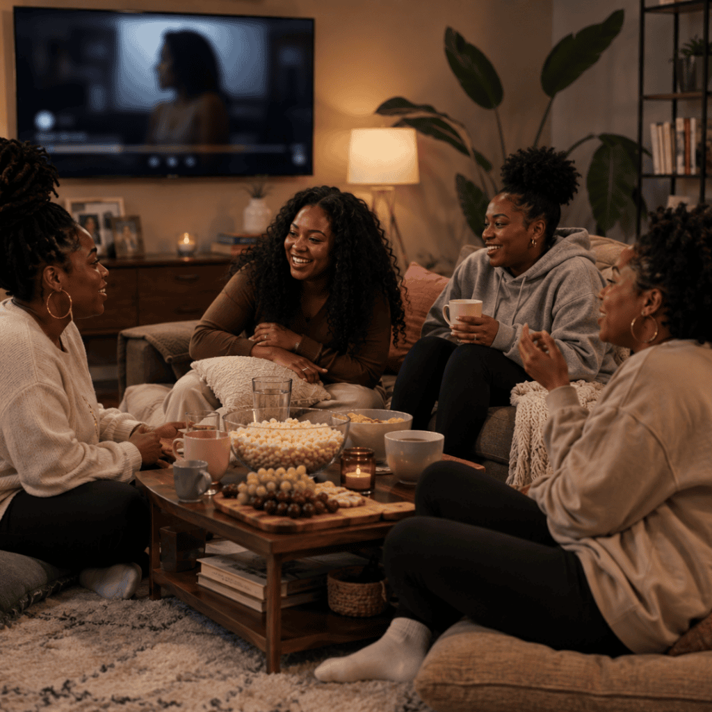 Black women hanging out in a living room eating talking and watching tv: Therapy for Black Girls