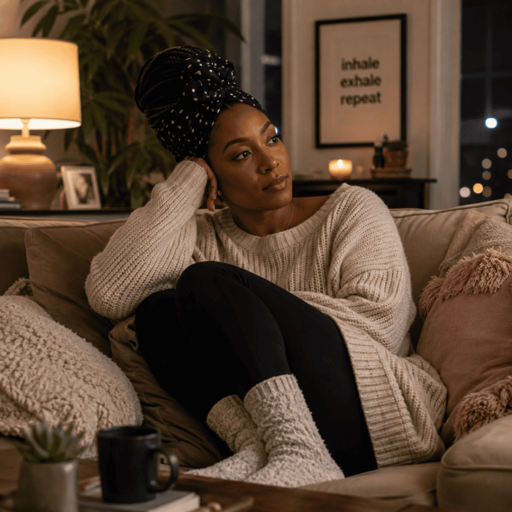 Black woman relaxing on sofa thinking why is love so hard