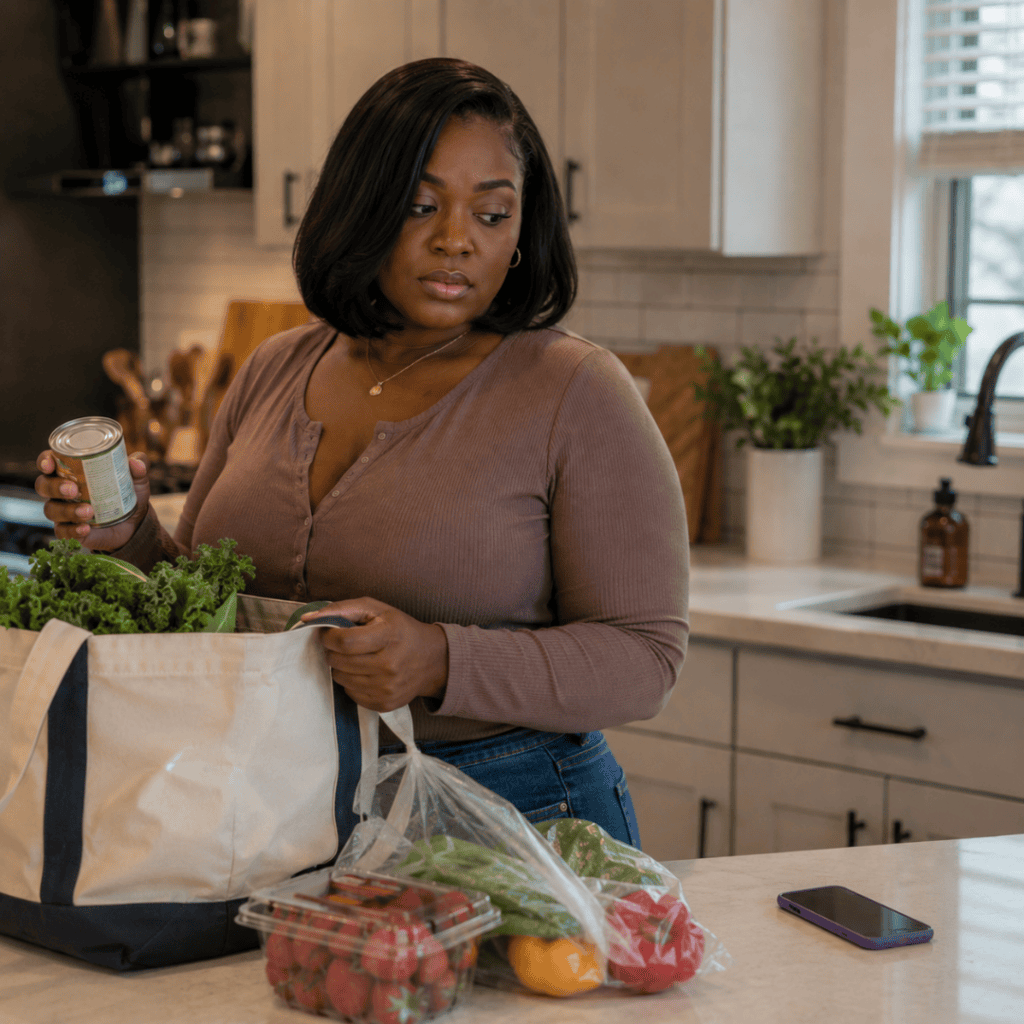 Black woman putting away groceries and glancing at phone: Everyone eventually leaves me