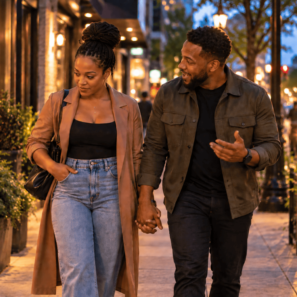 Black couple walking down the street and holding hands_how to let love in when feeling unlovable