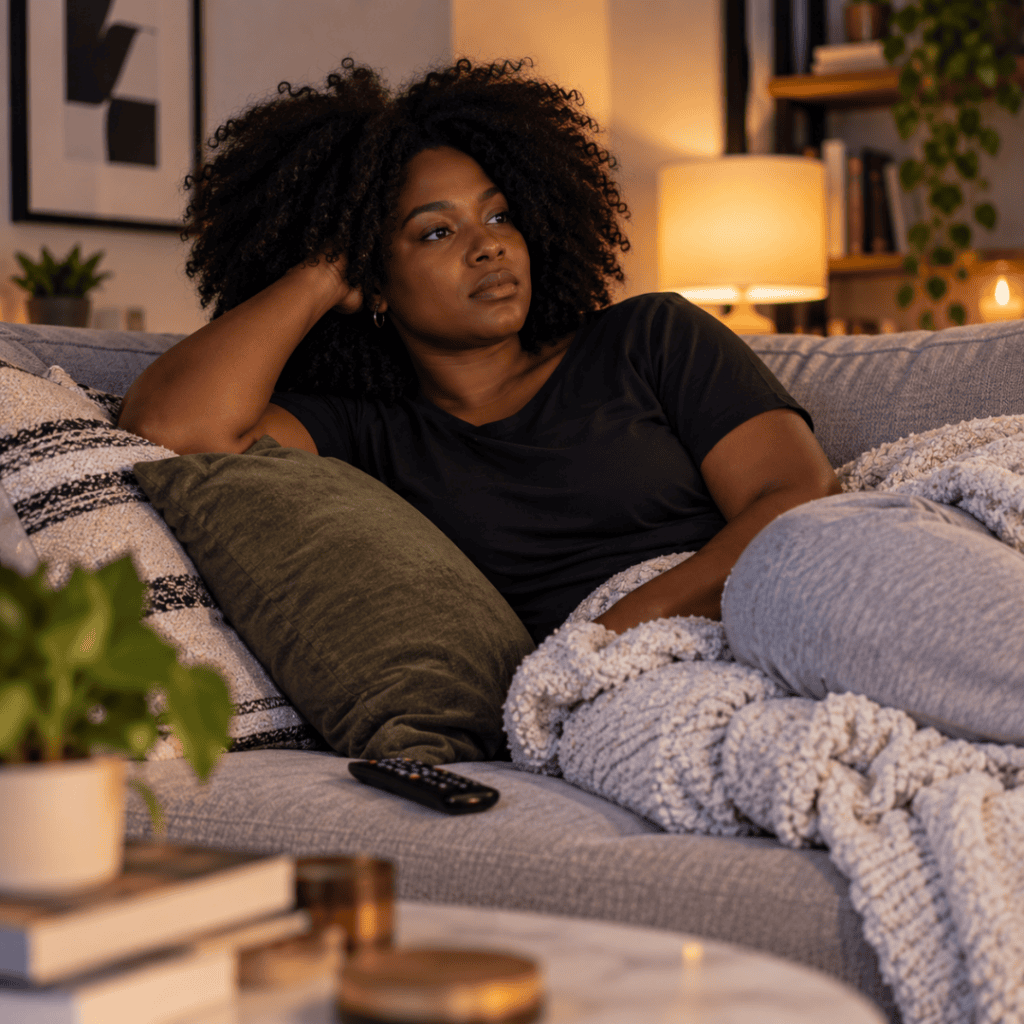 Black woman sitting and watching TV alone: How to be vulnerable in a relationship