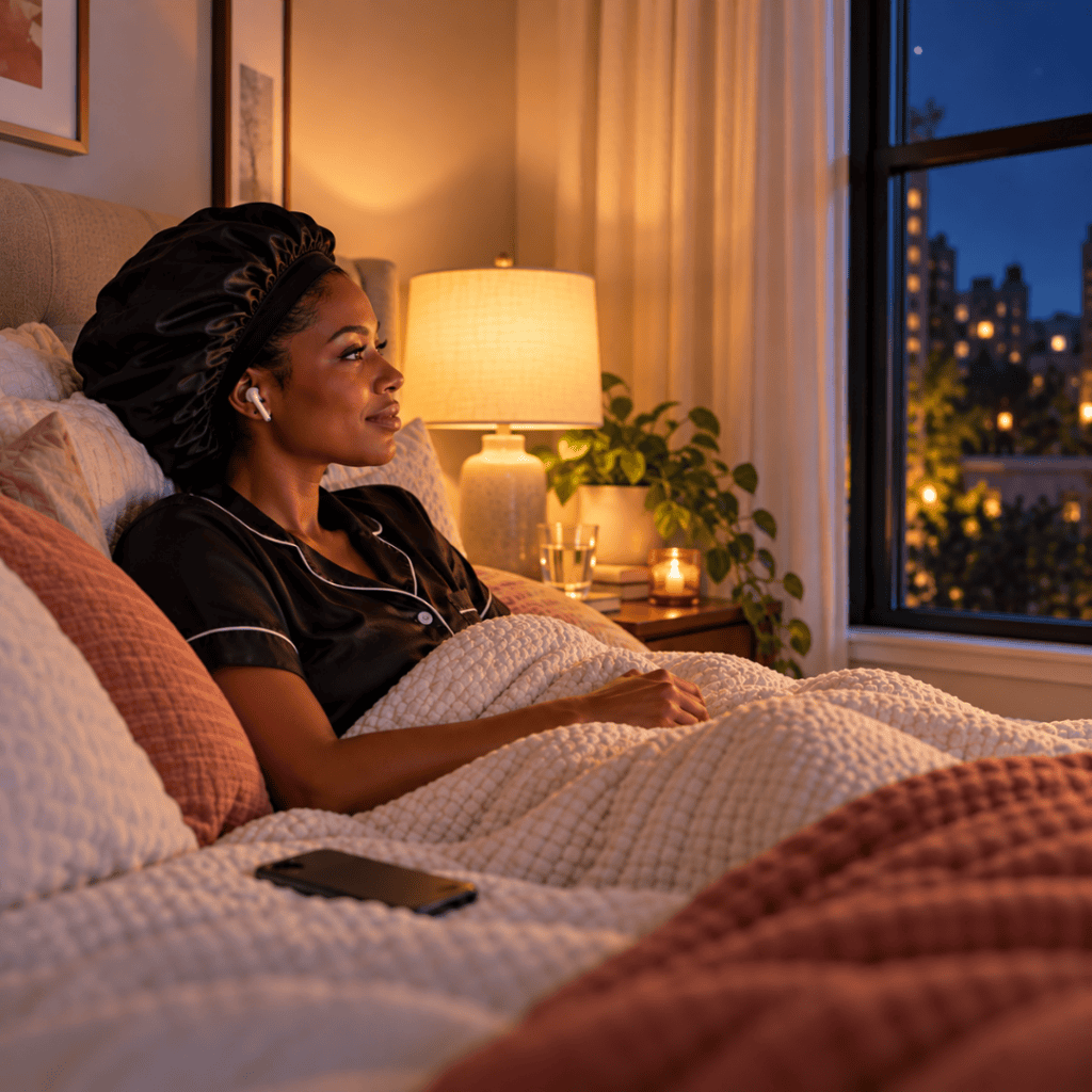 Black woman in bed unwinding listening to earbuds, is the calm app worth it