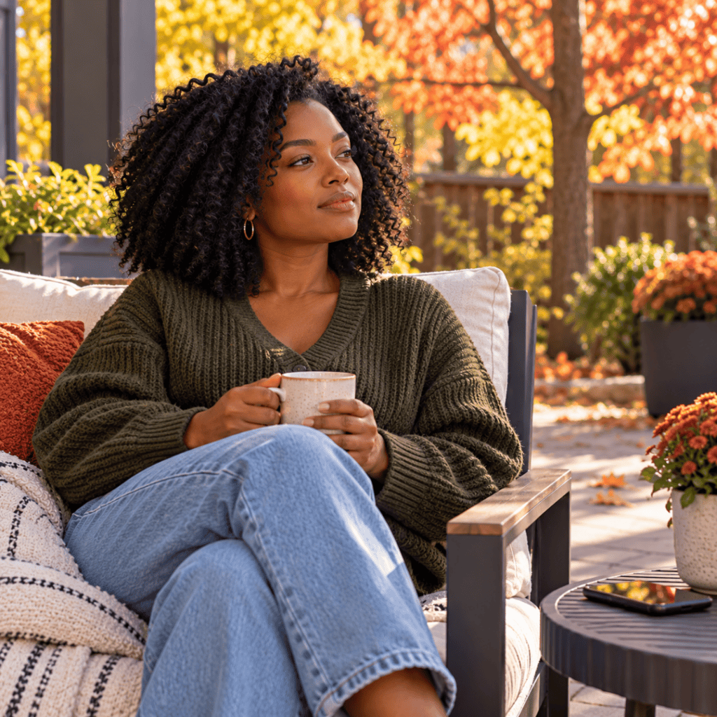 Black woman relaxing on patio with coffee | Reflection App Journal