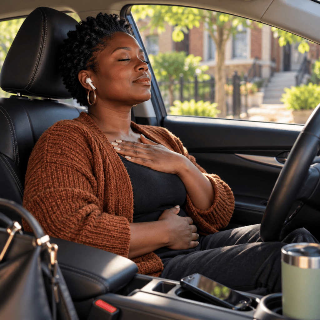 Black woman sitting in car doing breathing exercises | How the Exhale app can help with mental and emotional wellness